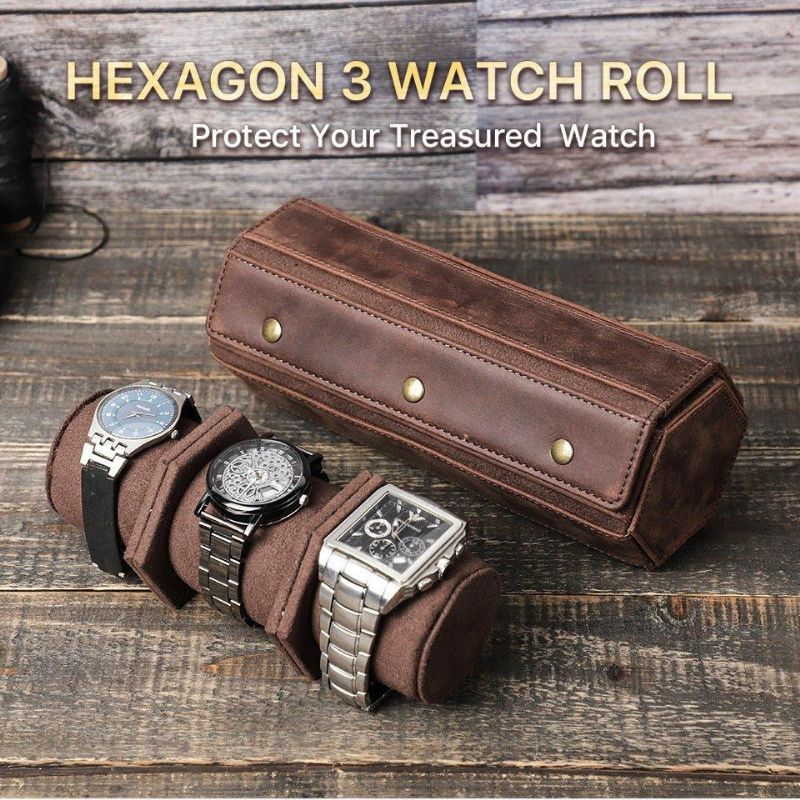 Læder Hexagon Watch Roll Case Til 3 Ure