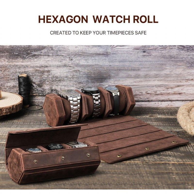 Læder Hexagon Watch Roll Case Til 3 Ure