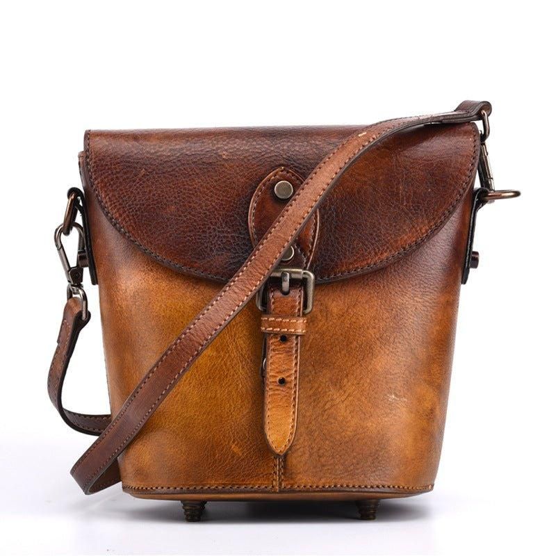 Vintage Læder Mini Bucket Crossbody Taske Til Kvinder