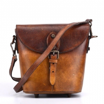 Vintage Læder Mini Bucket Crossbody Taske Til Kvinder